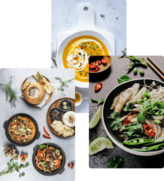 Pots full of food placed on a table, bowl with vegetarian food 
          placed on a table, bowl of soup placed on a white table